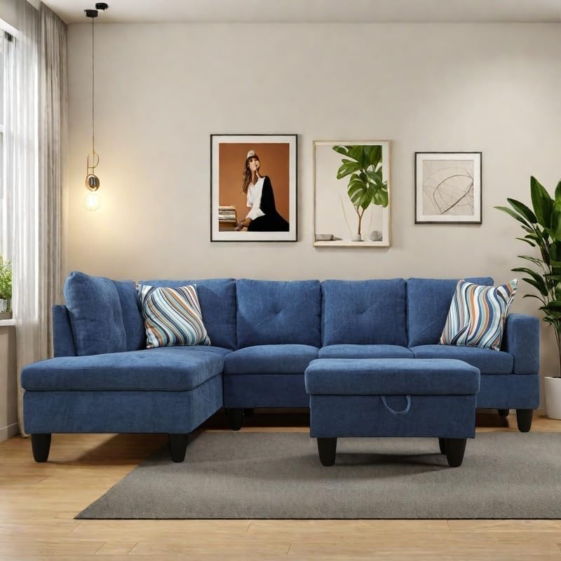 NAYSAYE L Shaped Couch, Modular Sectional Couch with Ottoman Storage, Modern Lounge Sofa Convertible Sectional Couches for Living Room, Apartment, Blue