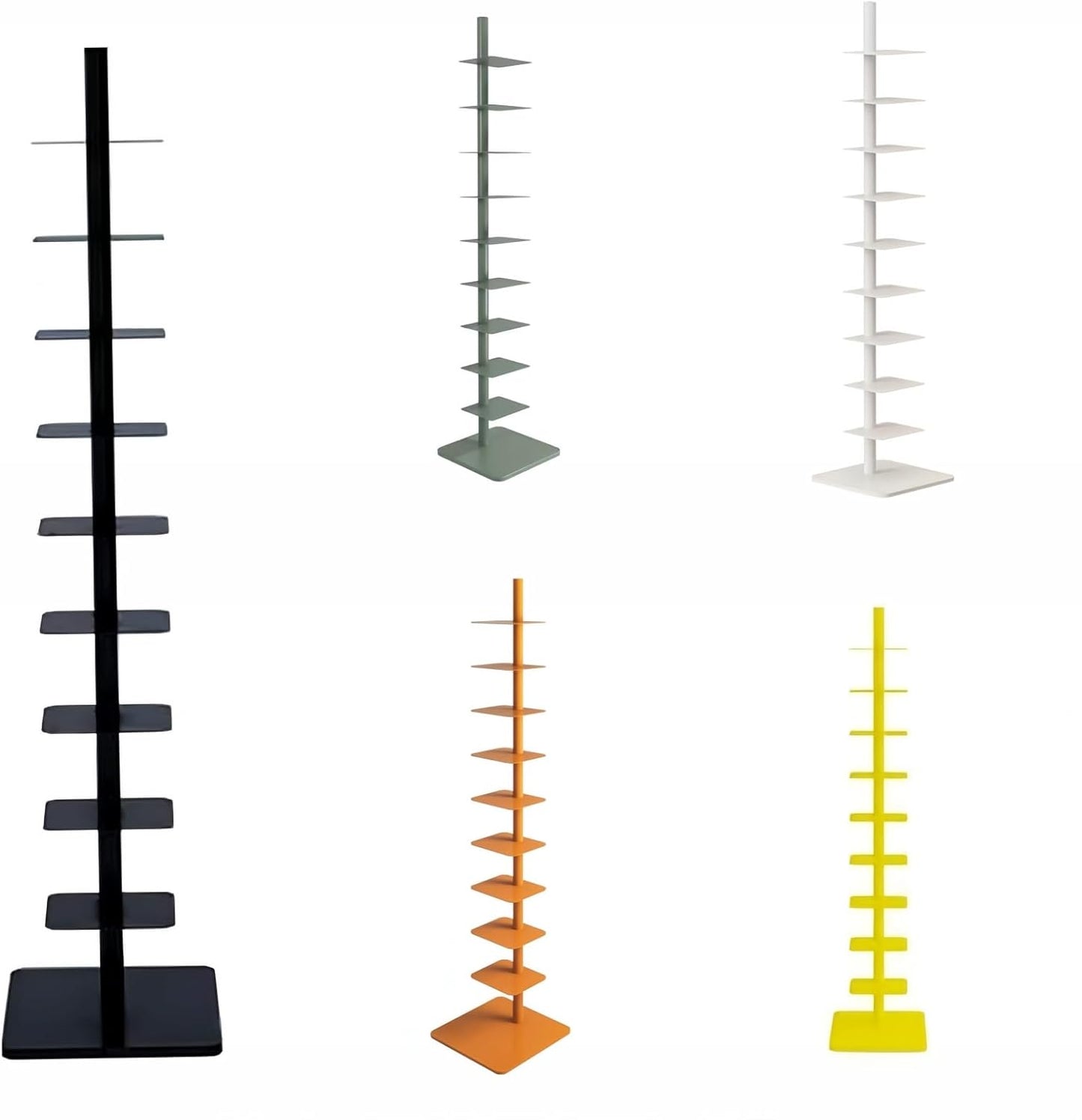 9-Tier Spine Bookshelf Metal Bookcase 5 Colors Vertical Bookshelf Tower Rotating Tall Narrow Bookshelf Ladder Book Rack Indoor (Black)