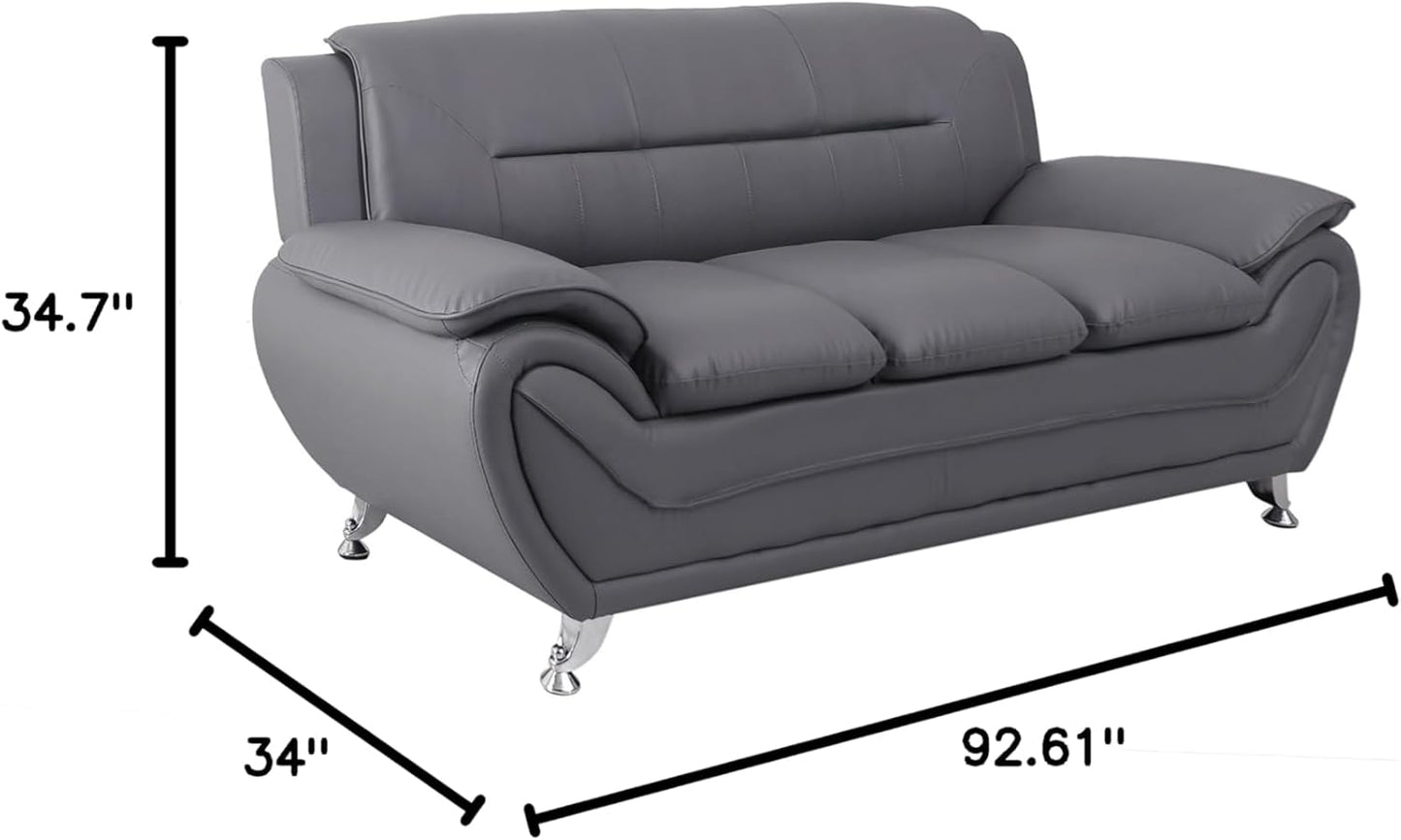 Container Furniture Direct Michael Modern Faux Leather Upholstered Stainless Steel Legs Living Room Sofa, Loveseat, Sleek Gray