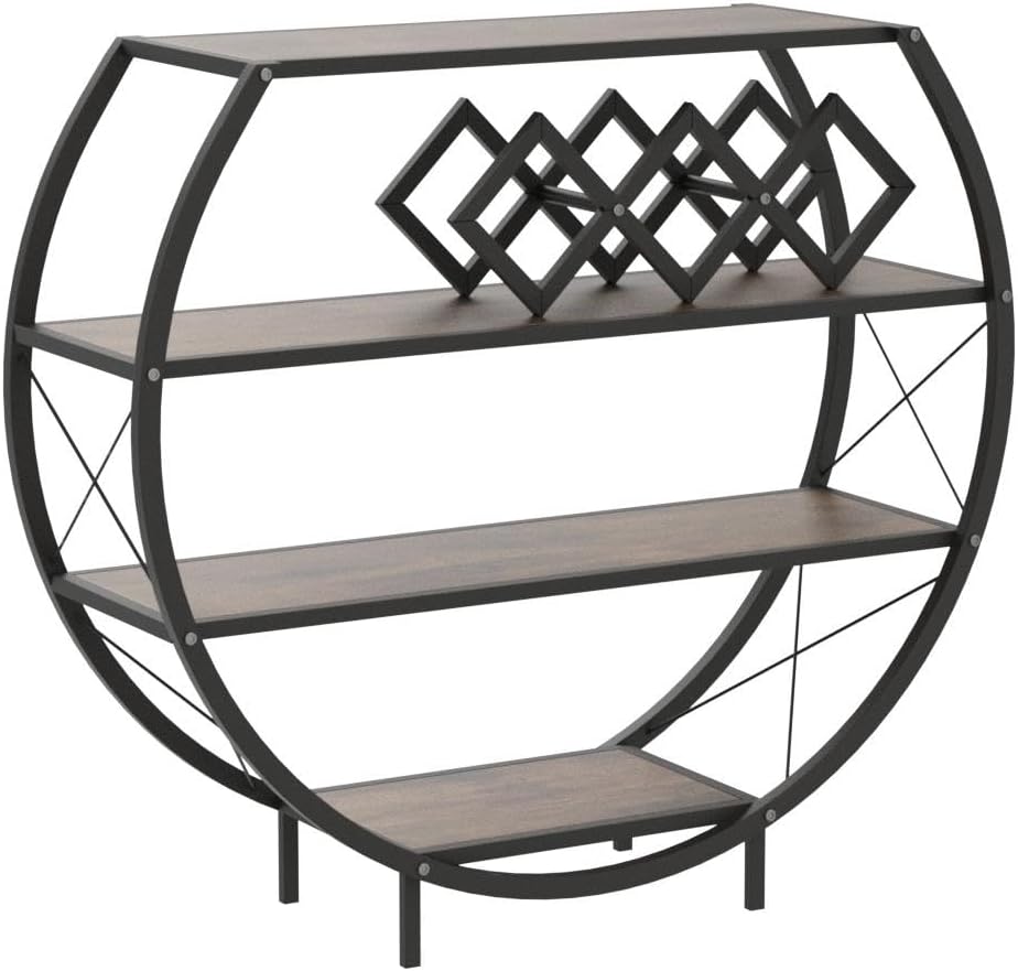 Demilune Console Table Industrial Entryway Table with 4-Tier Open Storage Shelf Wood and Metal Christmas Sofa Table with Wine Rack for Living Room Hallway Display Vintage Rustic Brown