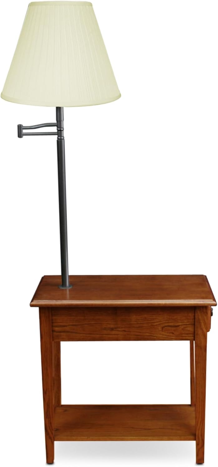 Haven Ridge Solid Wood Side Table with Built-In Swing Arm Lamp and Drawer, Medium Oak Brown, Perfect for Entryways, Living Rooms, and Small Spaces – Leick Home, 9037-MED