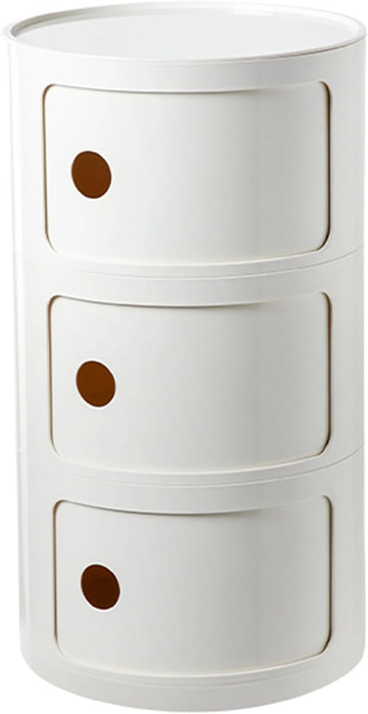 3 Tier Round Nightstand with Drawer, White Round Side Table Small Plastic Storage End Table Suitable for Bedroom, Living Room, Bathroom (White)