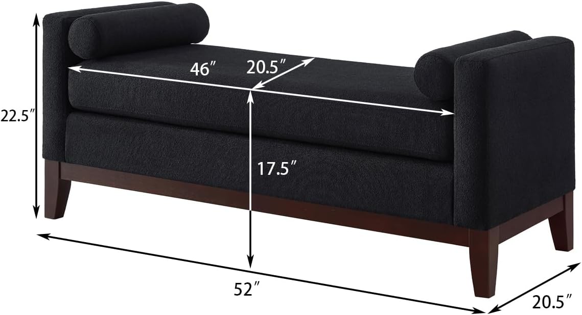 24KF Large Upholstered Boucle Fabric Ottoman with Pillows,Comfort Padded Window Bench for Living Room,Entryway Bench,5095-Black