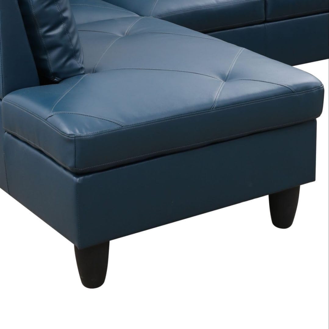 Deep Blue L-Shaped 3-Piece Faux Leather Sofa with Storage Ottoman Set, Sectional Couch Sofa Set for Living Room, Office, Small Space