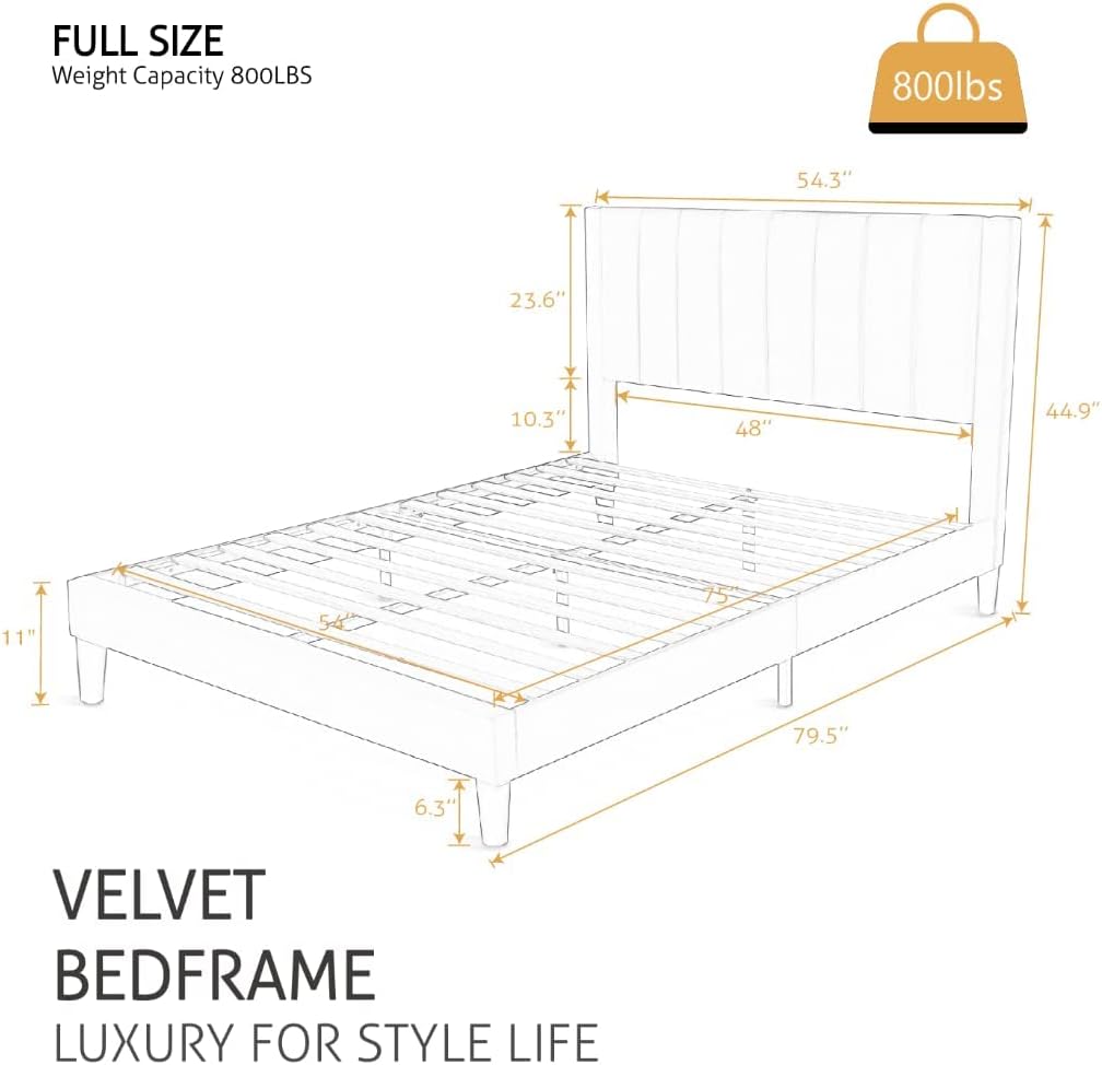 SHA CERLIN Full Bed Frame/Velvet Upholstered Platform Bed Frame with Headboard/Strong Wood Slats Support/Mattress Foundation/No Box Spring Needed - Dark Blue