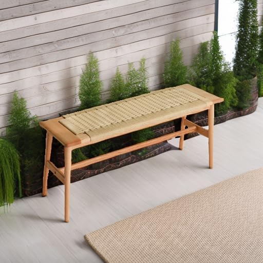 OOKSEN Entryway Bench, Solid Wood Dining Bench, 31.5" Wooden End of Bed Benches, Midcentury Modern Bedroom Benches Stool with Hand-Woven Rope for Kitchen Living Room Hallway