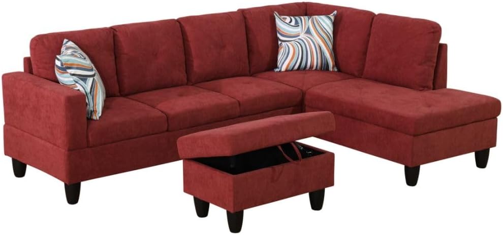 Red L-Shaped 3-Piece Flannelette Sofa with Storage Ottoman Set, Sectional Couch Sofa Set for Living Room, Office, Small Space