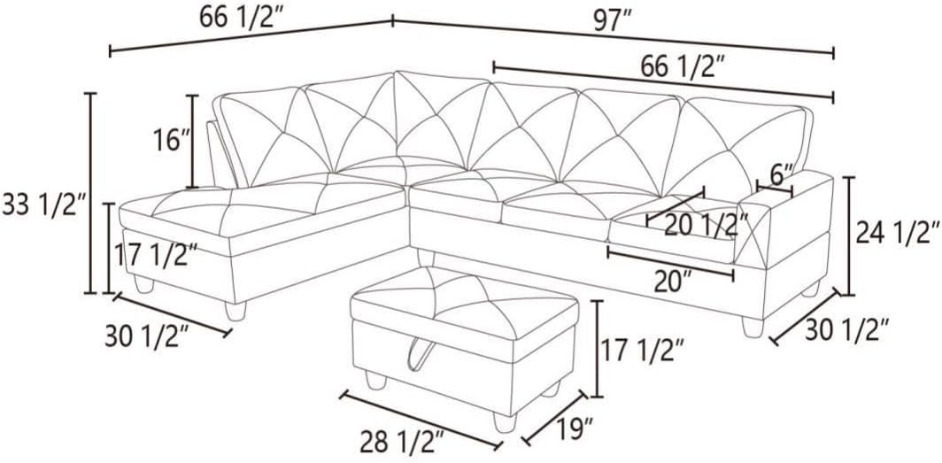 Dark Grey L-Shaped 3-Piece Faux Leather Sofa with Storage Ottoman Set, Sectional Couch Sofa Set for Living Room, Office, Small Space
