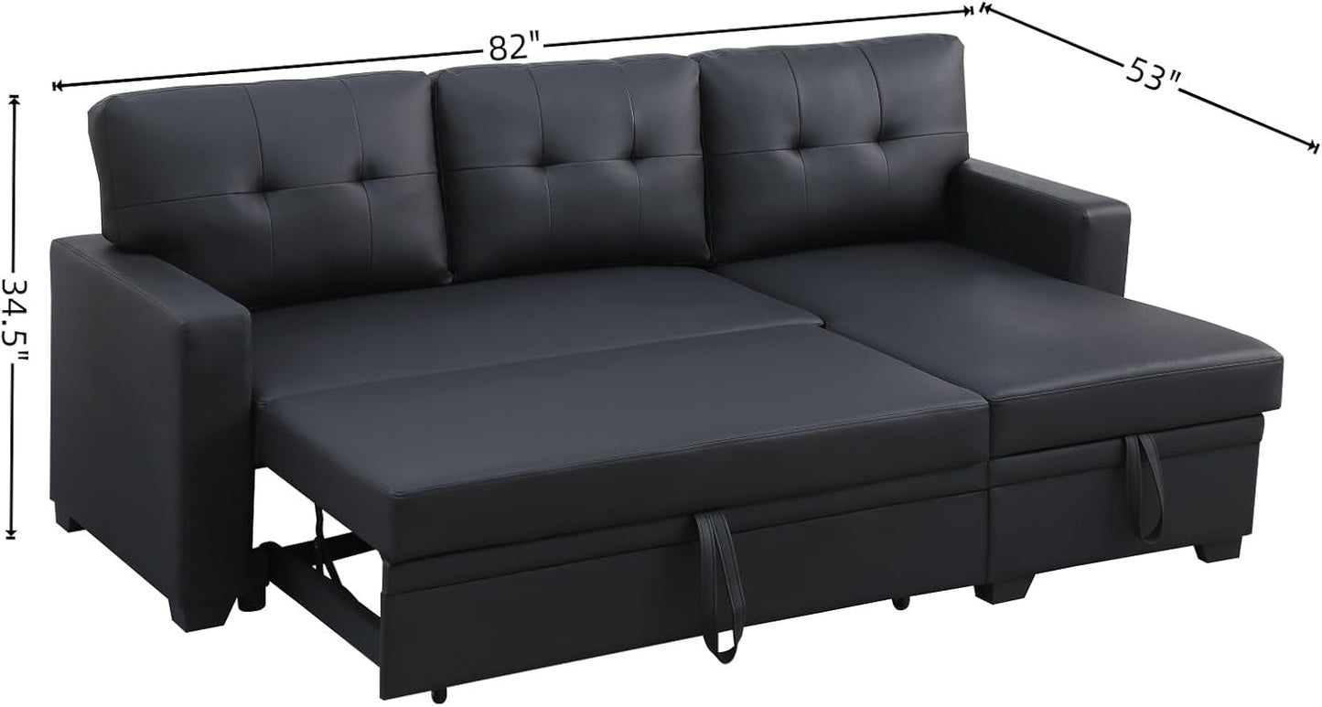 L-Shape Sofa Bed, 82" Sectional Couch with Storage Chaise, Pull Out Sleeper Sofa with Removable Back Cushions, Convertible Corner Couch for Living Room Apartment, Black