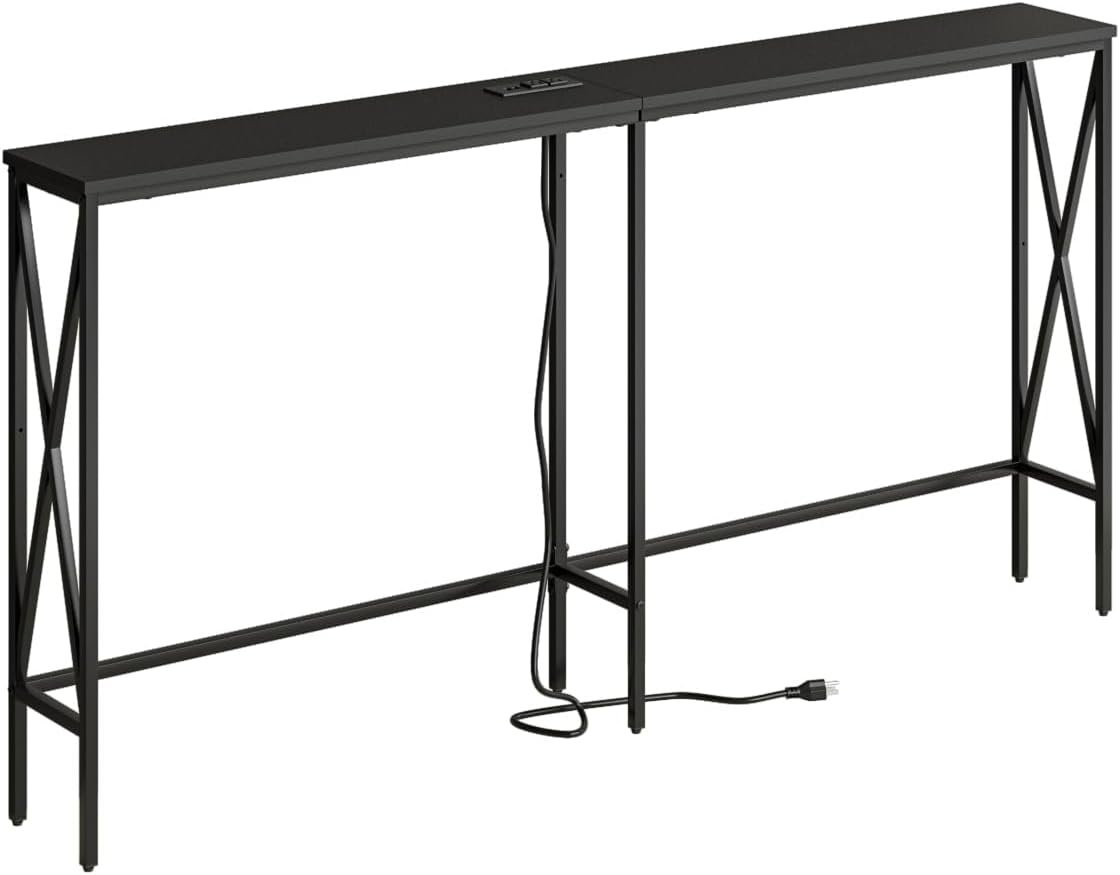 Masupu 63" Console Table with Power Outlet, Modern Narrow Long Sofa Table Behind Couch, Skinny Entry Table, Industrial Sofa Table with Metal Frame for Hallway, Living Room, Classic Black