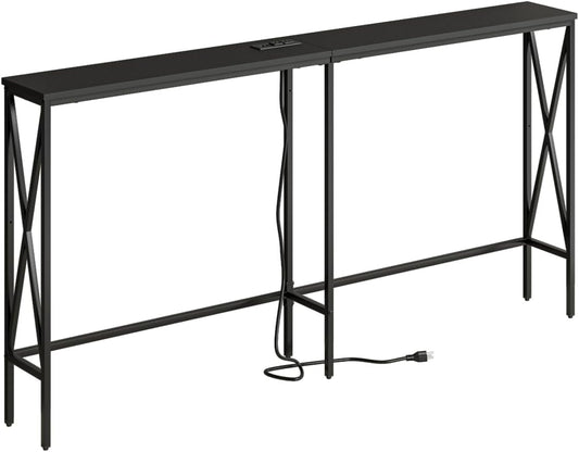 Masupu 63" Console Table with Power Outlet, Modern Narrow Long Sofa Table Behind Couch, Skinny Entry Table, Industrial Sofa Table with Metal Frame for Hallway, Living Room, Classic Black
