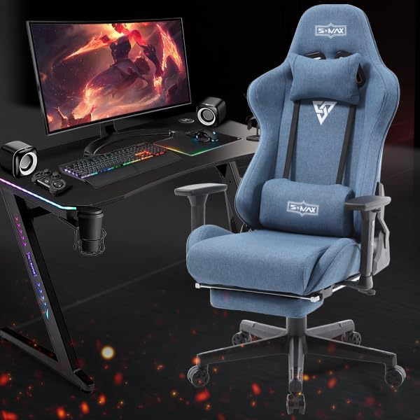 S*MAX Gaming Chair with Footrest Thicken Seat Black Gaming Chairs with 3D Armrest Gamer Chairs PU Leather Headrest and Lumbar Support High Back Gaming Chairs for Adults Deep Jeans Blue