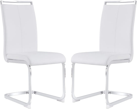 Dining Chairs Set, Kitchen Modern Metal Chairs with Faux Leather Padded Seat High Back and Sturdy Chrome Legs, Chairs for Dining Room (White, Set of 2)