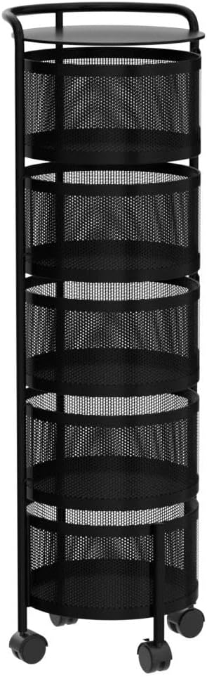 JAQ Rotating Fruit Basket, 5-Tier Metal Sturdy Kitchen Storage Rack Shelf Carts No Assembly on Rolling Wheels for Fruit Vegetable Grocery Corns Potato Onion (5-Tier, Black)