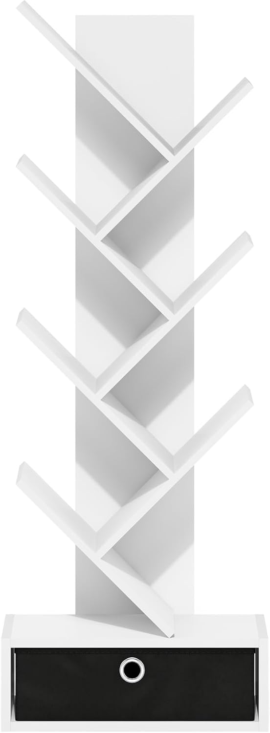 Furinno Tree Bookshelf 7-Tier Floor Standing Tree Bookcase with Bin Drawer, White/Black