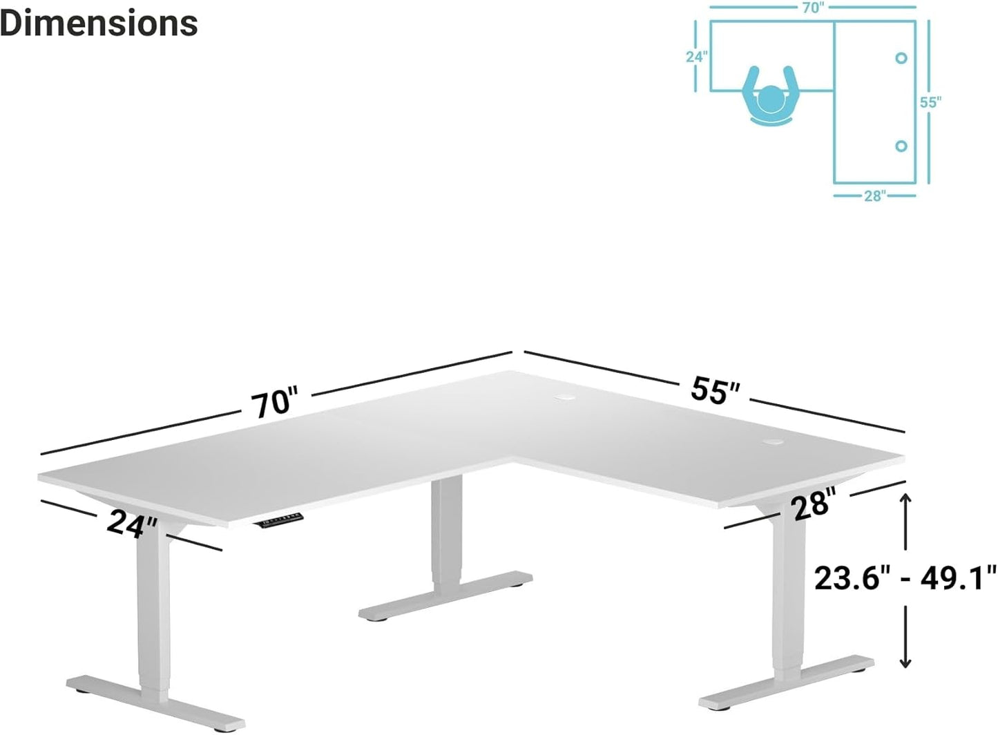 Progressive Desk Height Adjustable Computer Standing Desk - L Shaped 70" x 55" Corner Electric Stand Up Rising Workstation - Ebony Oak, Gray Frame