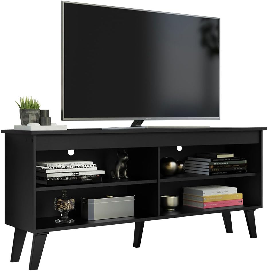 Madesa Compact TV Stand Cabinet with 4 Shelves and Cable Management for 50, 55 Inch TV Media Storage Unit Living Room and Bedroom Modern Wooden Television Media Console - Black