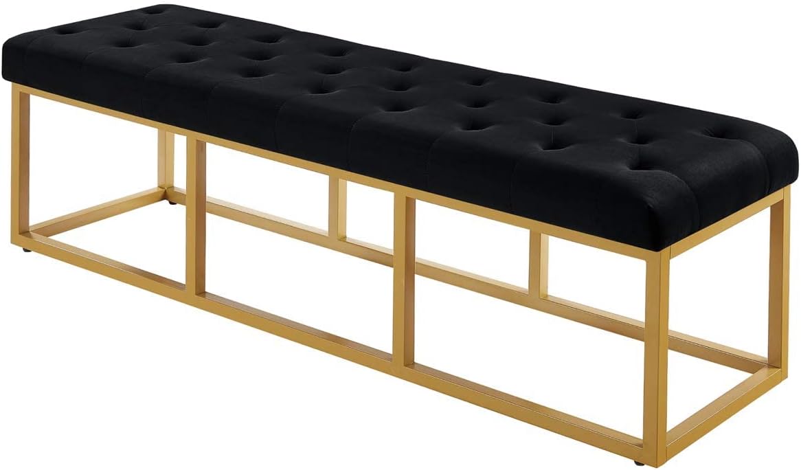 24KF Upholstered Tufted Long Bench with Golden Metal Leg, Black Velvet Bench with Padded Seat-Black