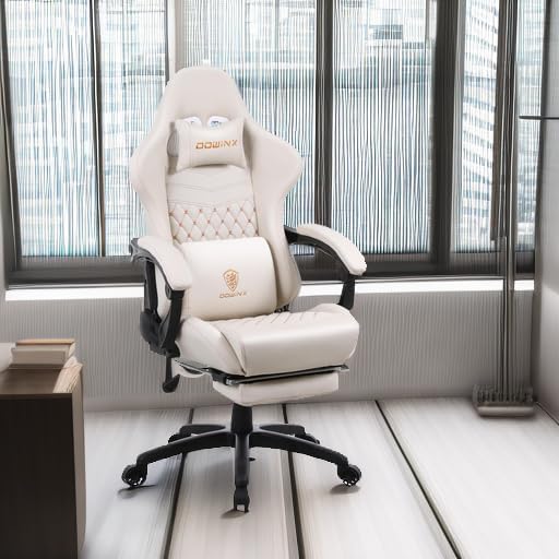 Dowinx Gaming Chair Big and Tall, Ergonomic Computer Chair with Footrest and Massage Lumbar Support, High Back Comfortable Gamer Chair for Adults 350Lbs PU Leather for Office Game, Ivory