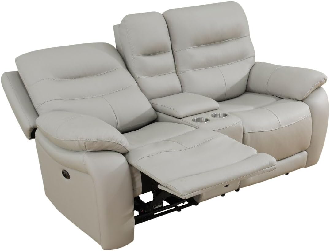 Electric Power Recliner Loveseat Genuine Breathing Leather Recliner Couch 2-Seater, Comfy Wide Lazy Top Grain Leather Sofa with USB Port, Center Console, Cup Holders (Grey, Two Seater Loveseat)