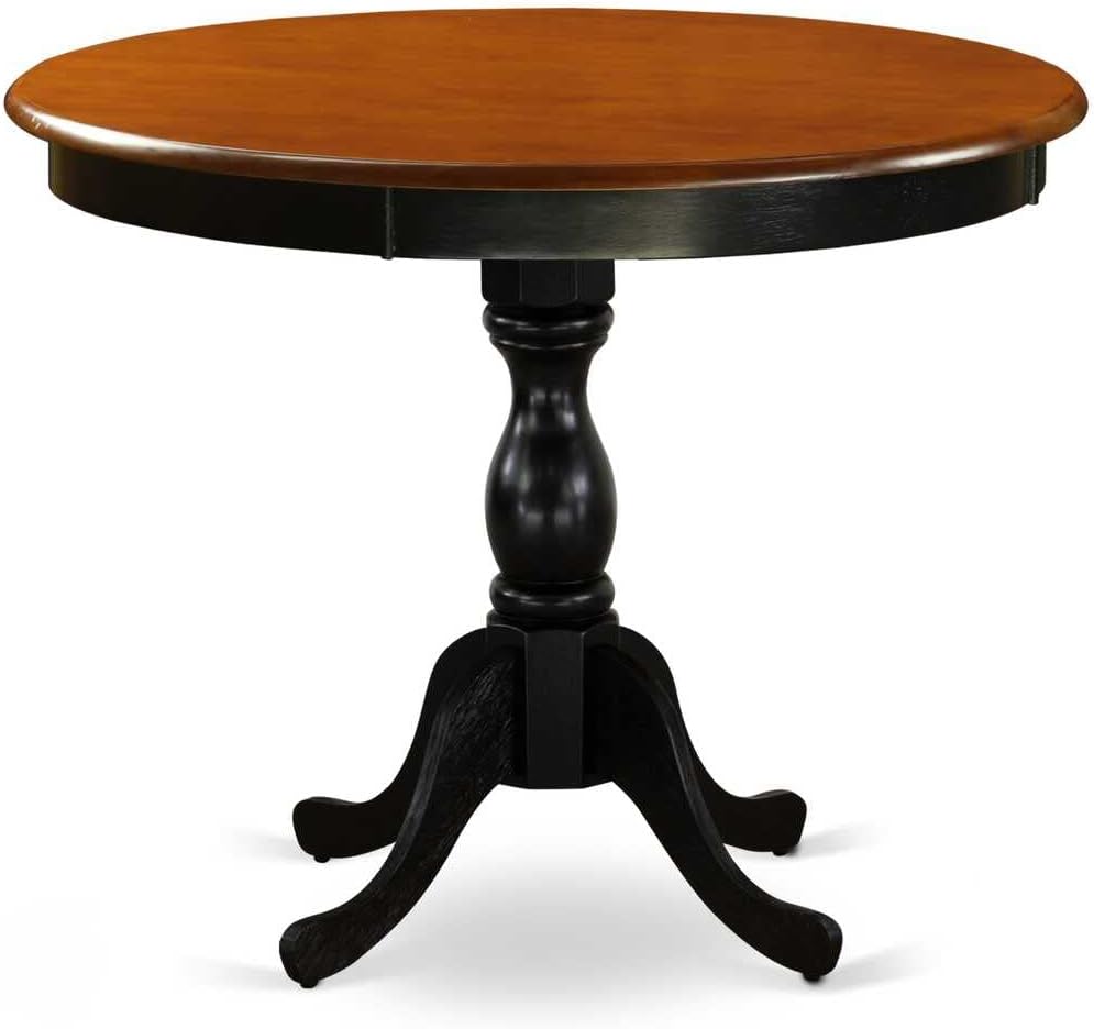 East West Furniture AMPF3-BCH-C 3 Piece Dining Table Set for Small Spaces Contains a Round Kitchen Table with Pedestal and 2 Linen Fabric Upholstered Chairs, 36x36 Inch, Black & Cherry