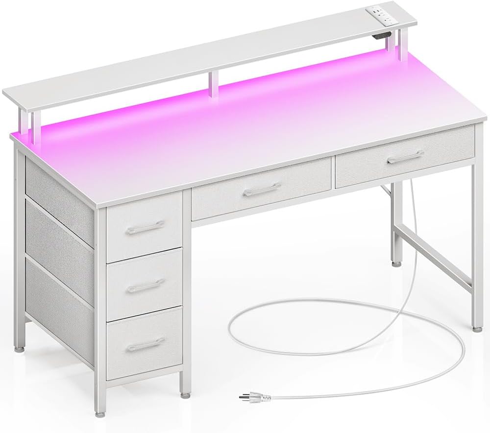 Seventable Computer Desk with Power Outlets & LED Light, 55 inch Home Office Desk with 5 Drawers, Writing Desk with Monitor Stand, Work Desk for Home Office, White