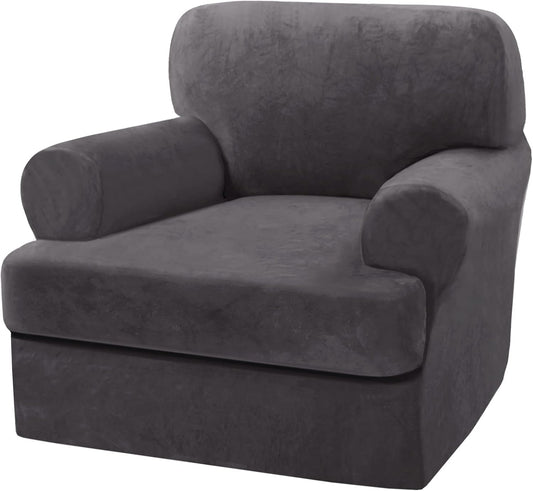 H.VERSAILTEX Sofa Cover 2 Piece T Cushion Armchair Slipcovers Thick Velvet Couch Cover Furniture Protector Stretch T Cushion Sofa Covers for 1 Cushion Couch with 1 Individual T Cushion Covers, Grey