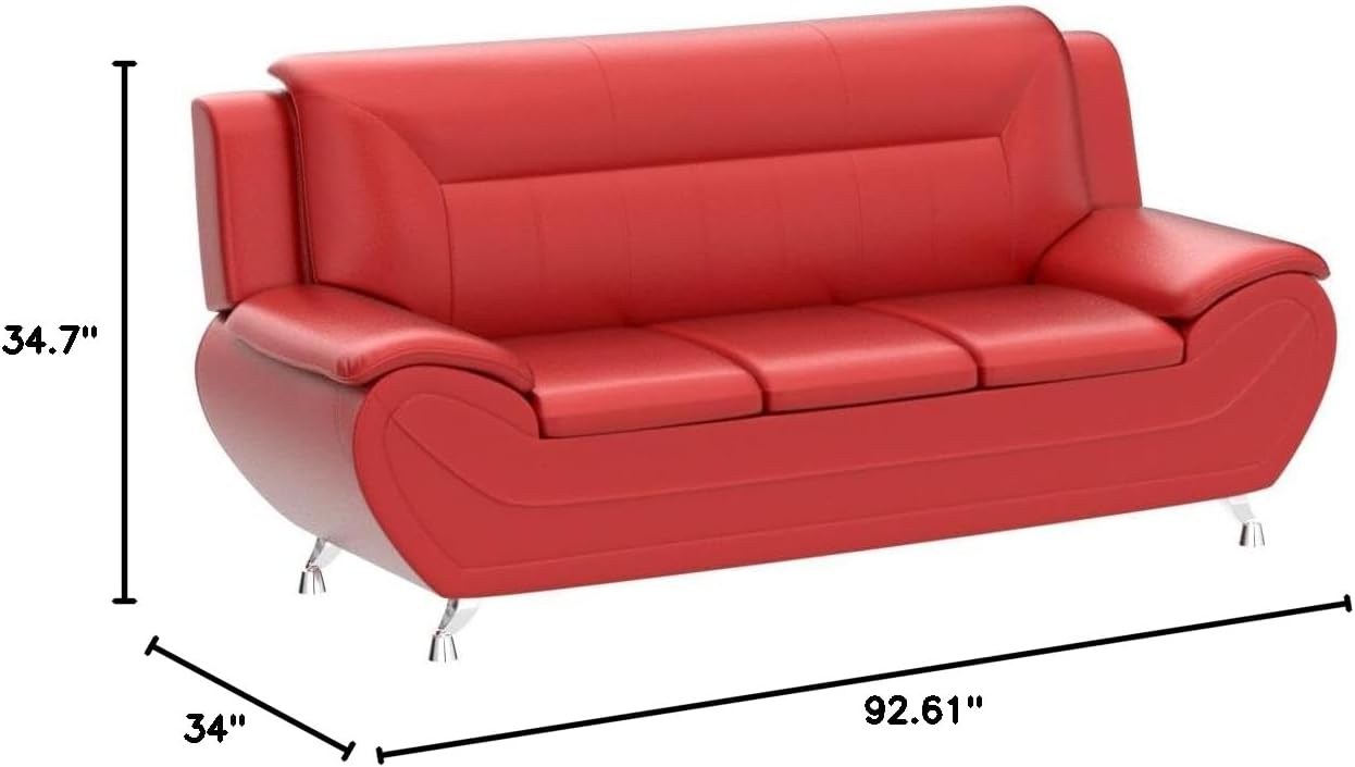 Container Furniture Direct Michael Modern Faux Leather Upholstered Stainless Steel Legs Living Room Sofa, Red