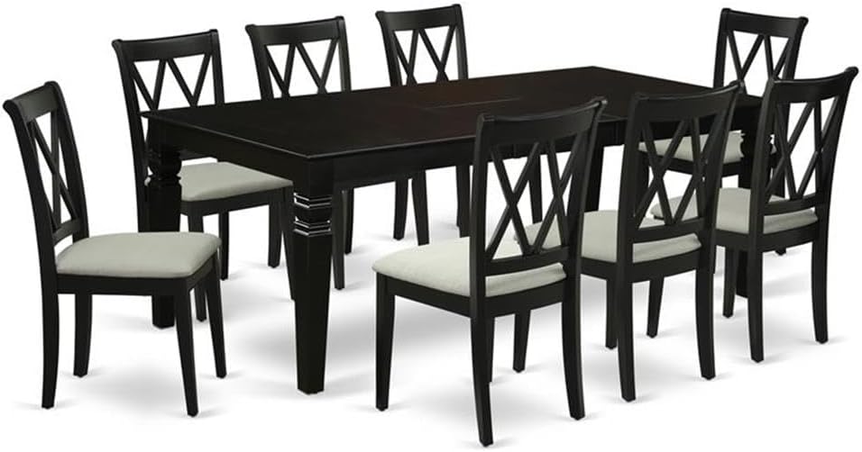 East West Furniture LGCL9-BLK-C 9 Piece Dining Room Table Set Includes a Rectangle Kitchen Table with Butterfly Leaf and 8 Linen Fabric Upholstered Dining Chairs, 42x84 Inch, Black