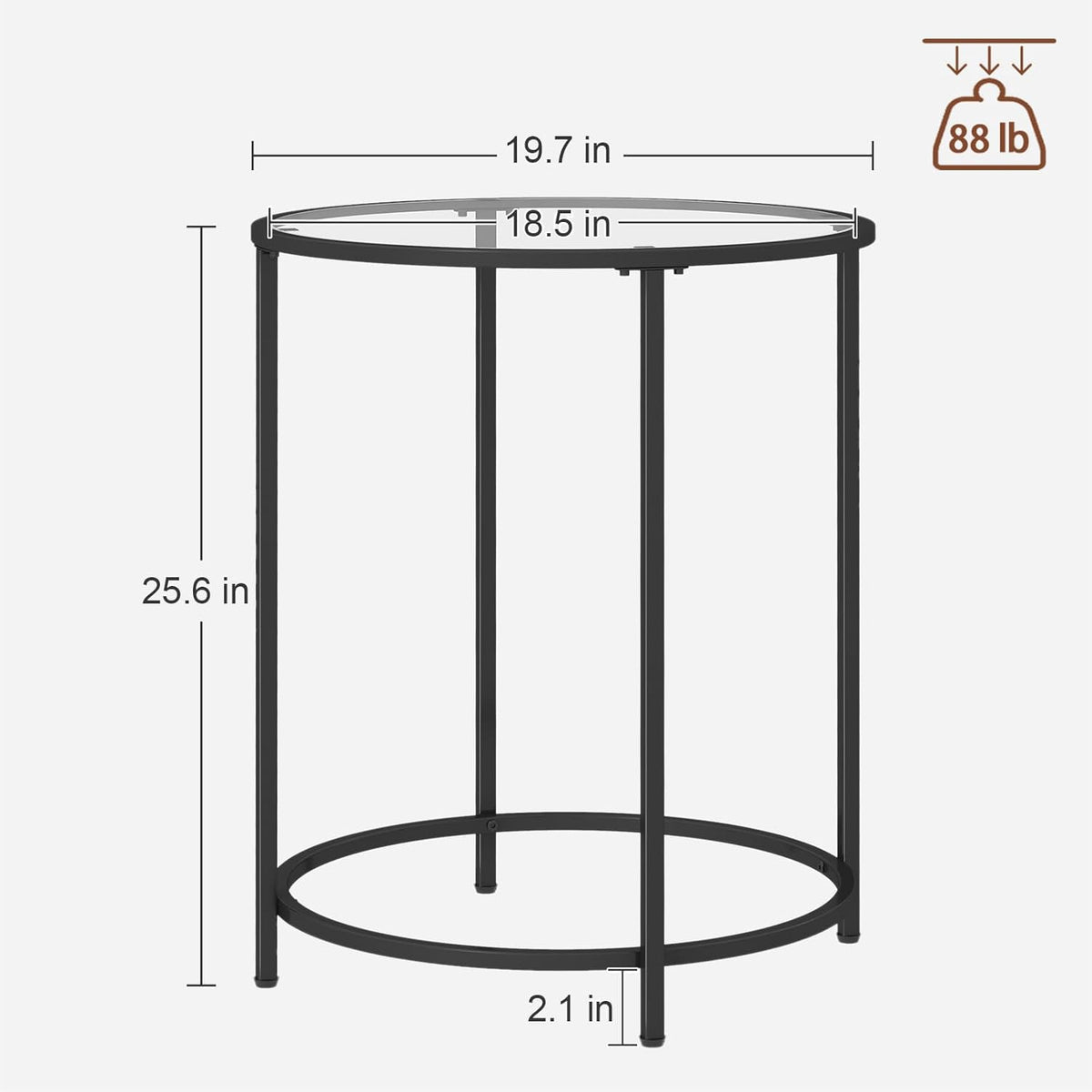 19.7’’ Round Glass End Table, Round Bedside Table with Tempered Glass Top, Black Glass Side Table with Metal Frame, Modern Round End Table for Living Room Balcony Bedroom Porch Patio