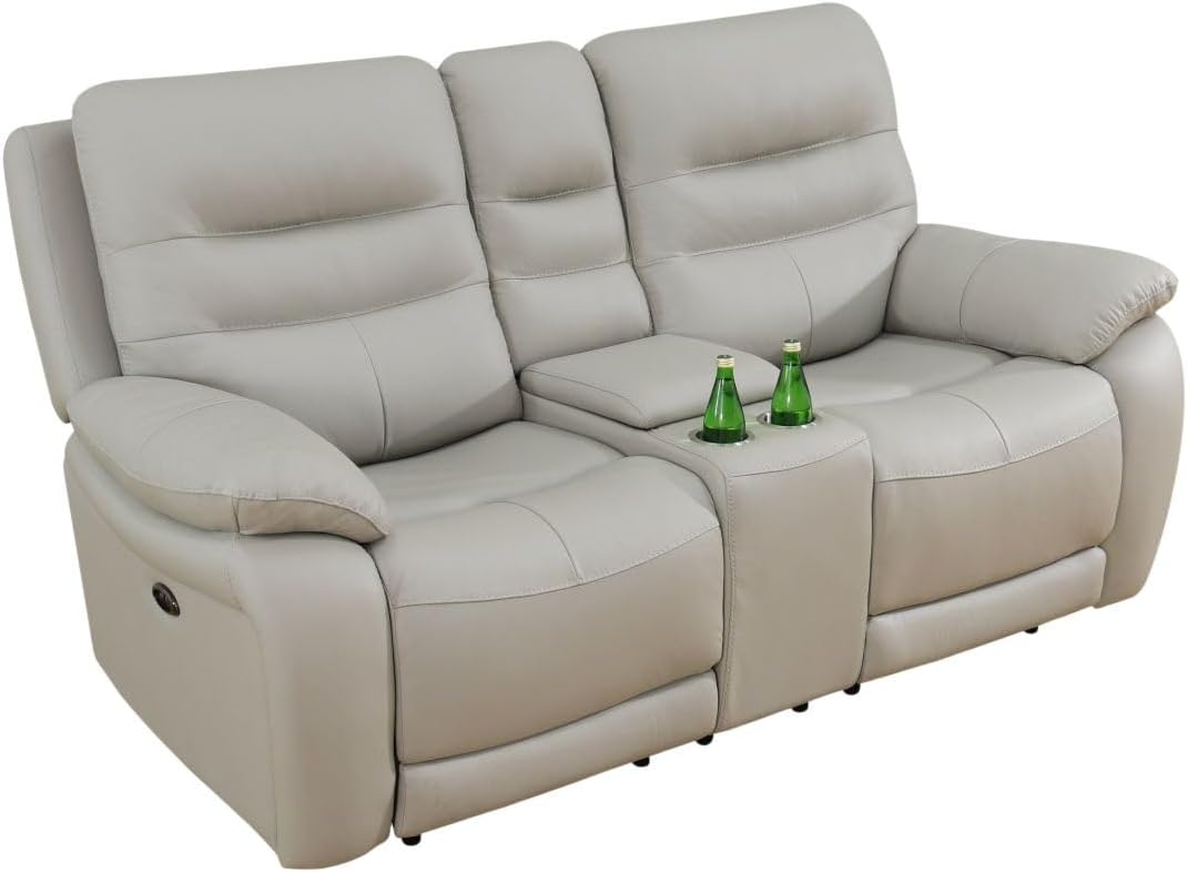 Electric Power Recliner Loveseat Genuine Breathing Leather Recliner Couch 2-Seater, Comfy Wide Lazy Top Grain Leather Sofa with USB Port, Center Console, Cup Holders (Grey, Two Seater Loveseat)