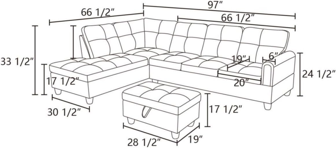 Grey White L-Shaped 3-Piece Flannel Sofa with Storage Ottoman Set, Sectional Couch Sofa Set for Living Room, Office, Small Space