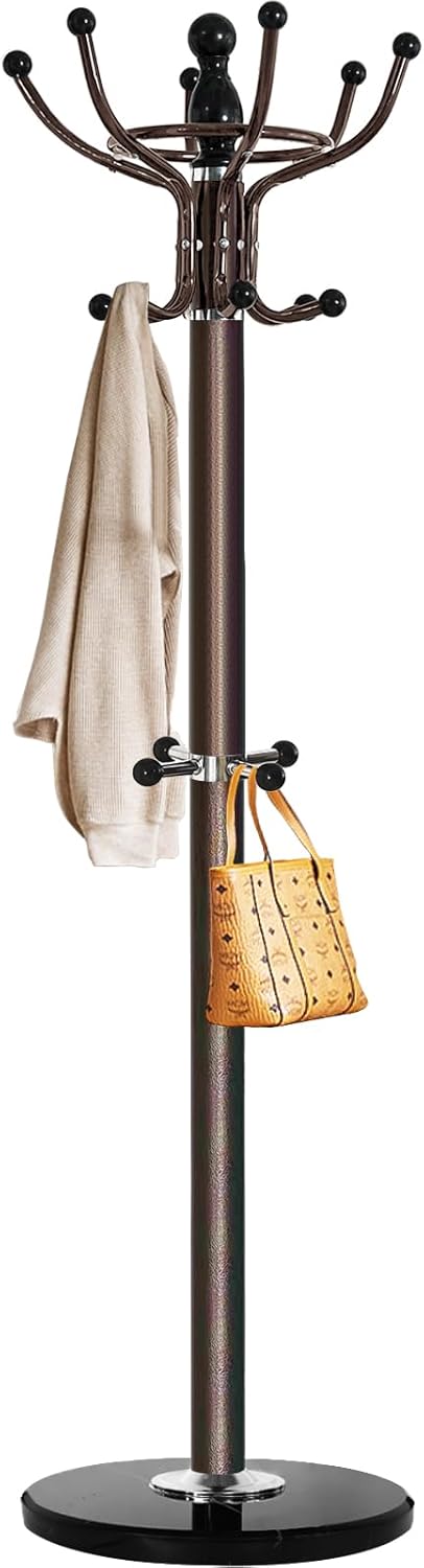 Kertnic Freestanding Coat Rack with 16 Hooks & Marble Base - Heavy Duty Metal Hall Tree Stand for Entryway, Hats, Coats, Bags Rack- Modern Hanger Organizer for Home, Office, Dorm (16 hooks -Bronze)