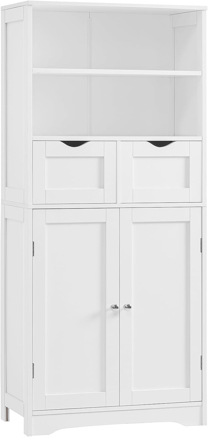 Iwell Tall Bathroom Cabinet, Storage Cabinet with 2 Drawers & Adjustable Shelves, Bathroom Storage Cabinet for Living Room, Dining Room, Entryway, White