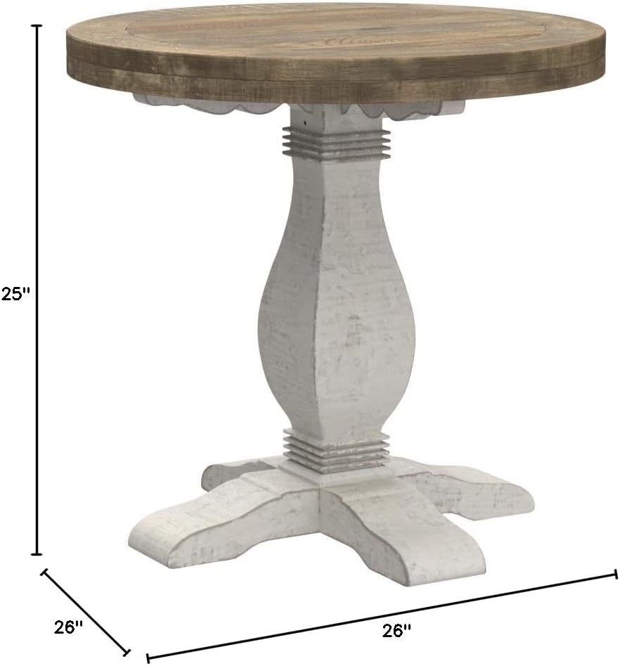 Napa Solid Wood Farmhouse Rustic Reclaimed Natural and White Stain Round End Side Accent Living Room Table, Nightstand Bedside 26" W x 26" D x 25" H
