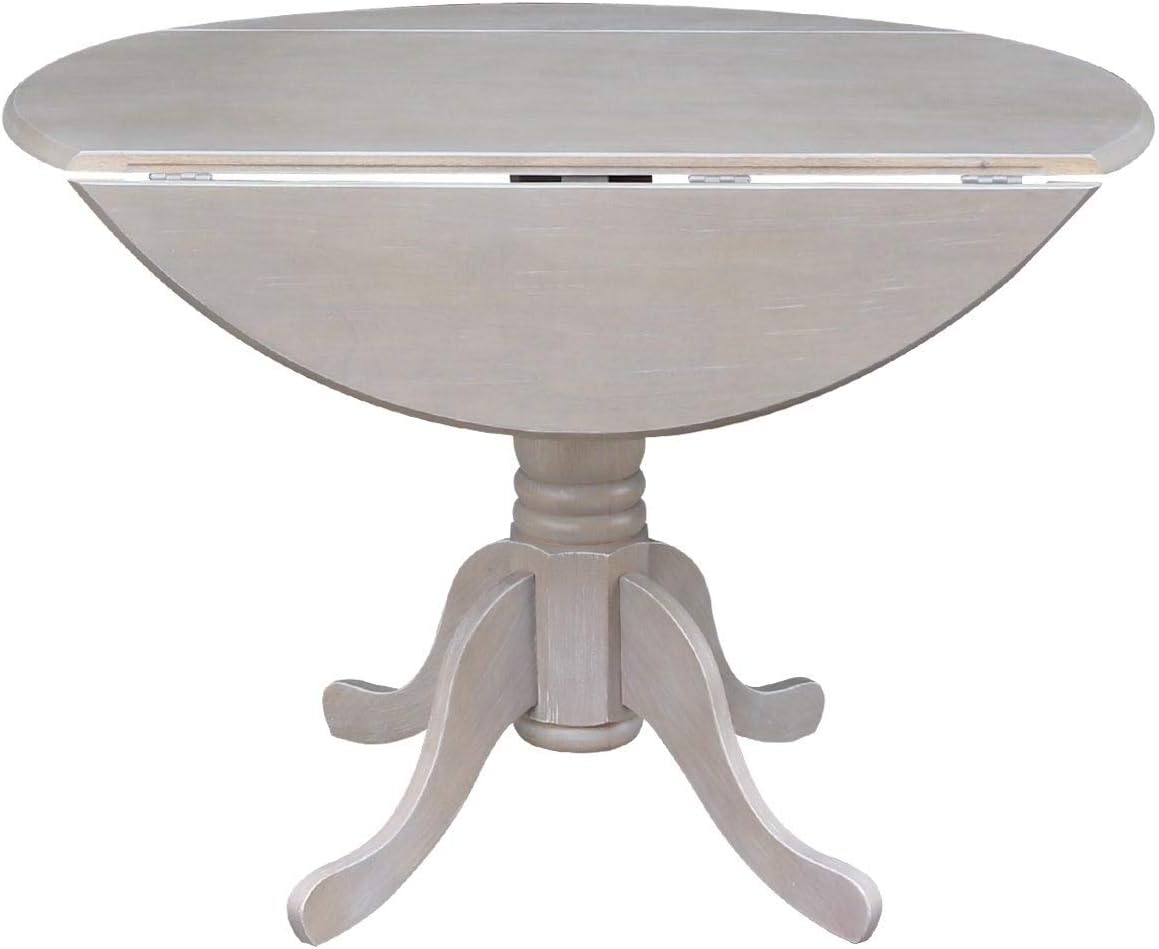 IC International Concepts, 42" Round Dual Drop Leaf Pedestal Dining Table, Solid Real Wood, Sturdy Parawood, Dimensions 42"D x 42"W x 29.5"H, 20mm thickness, 40lbs Weight Capacity, Washed Gray Taupe