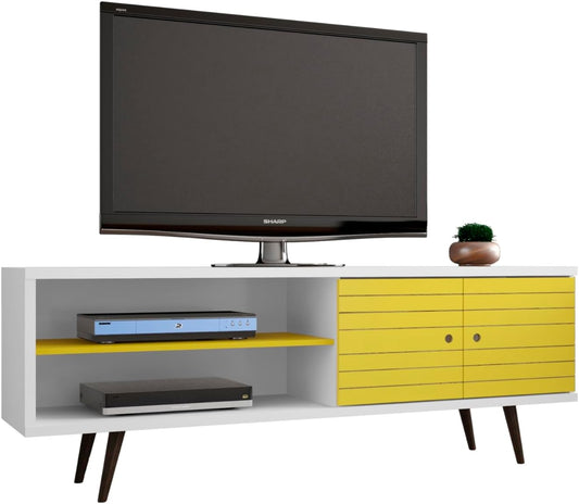 Manhattan Comfort Liberty Mid Century Modern TV Stand for Televisions up to 60 Inches, Bedroom and Living Room Entertainment Center with Storage, Shelves, and Cabinet, 63" Wide, White/Yellow
