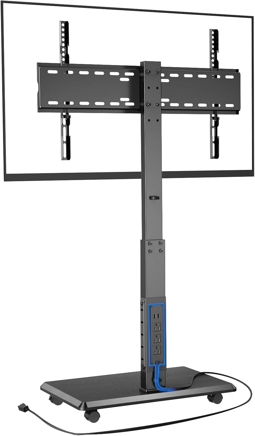 Rolling TV Stand with Power Outlet, Mobile TV Stand for 32-75 Inch TVs up to 110 lbs, 30° Swivel TV Floor Stand, 18 Adjustable Heights, TV Cart on Wheels for Bedroom, Office, Outdoor, Black