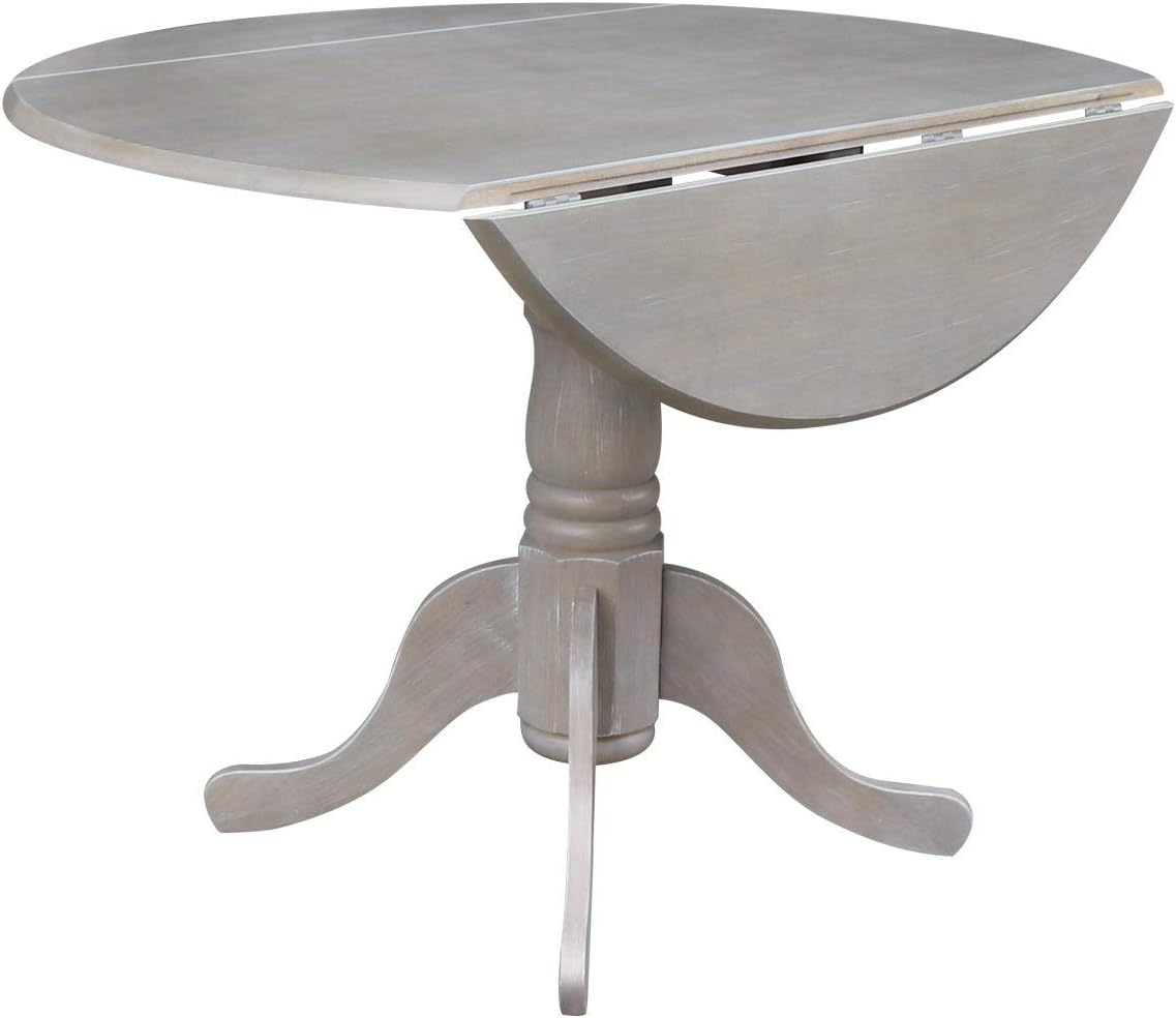 IC International Concepts, 42" Round Dual Drop Leaf Pedestal Dining Table, Solid Real Wood, Sturdy Parawood, Dimensions 42"D x 42"W x 29.5"H, 20mm thickness, 40lbs Weight Capacity, Washed Gray Taupe