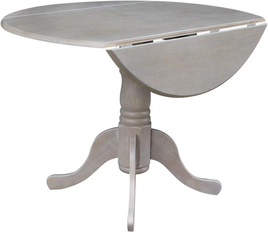 IC International Concepts, 42" Round Dual Drop Leaf Pedestal Dining Table, Solid Real Wood, Sturdy Parawood, Dimensions 42"D x 42"W x 29.5"H, 20mm thickness, 40lbs Weight Capacity, Washed Gray Taupe