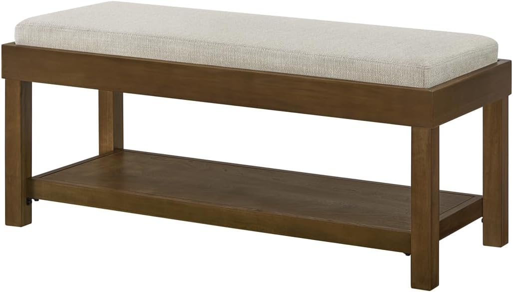 24KF Large Rectangular Storage Bench,Upholstered Seat Cushion,Ottoman Coffee Table with Beige Removable Cushion for Living Room,Entryway Bench Bed Bench with Solid Wood Shelf,5069-Beige