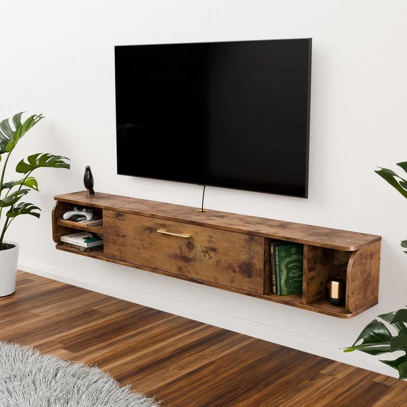 Floating TV Unit, 58'' Wall Mounted TV Cabinet, Floating Shelves with 4 Cabinets, Wooden Entertainment Media Console Center Large Storage TV Bench for Living Room & Office (Rustic Brown)