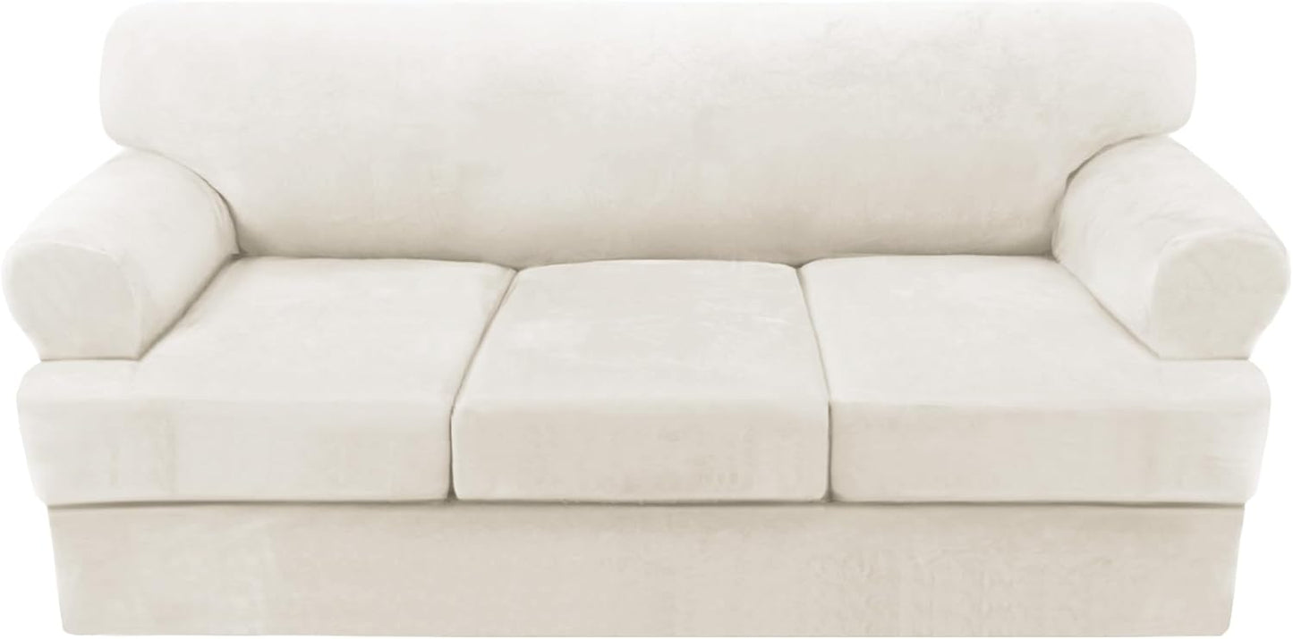 H.VERSAILTEX Sofa Cover 4 Piece T Cushion Sofa Slipcovers Thick Velvet Couch Cover Stretch T Cushion Sofa Covers for 3 Cushion Couch with 3 Individual T Cushion Covers, Porcelain