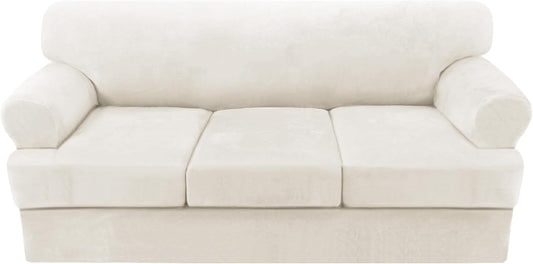 H.VERSAILTEX Sofa Cover 4 Piece T Cushion Sofa Slipcovers Thick Velvet Couch Cover Stretch T Cushion Sofa Covers for 3 Cushion Couch with 3 Individual T Cushion Covers, Porcelain