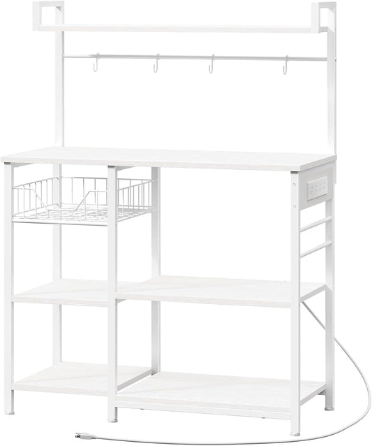 HOOBRO Bakers Rack with Power Outlet, 35.4 Inches Coffee Bar with Mesh Basket, Microwave Stand with 4 S-Shaped Hooks, Kitchen Bakers Rack with Storage, Easy to Assemble, White WT05HB01