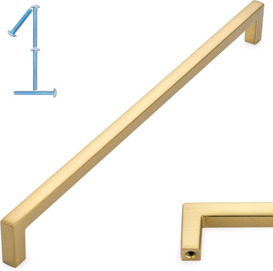KOOFIZO Solid Square Bar Cabinet Handle - Brushed Gold Furniture Pull, 10 Inch/256mm Screwhole Distance, 1-Piece for Kitchen Cupboard Door, Bedroom Dresser Drawer, Bathroom Wardrobe Hardware