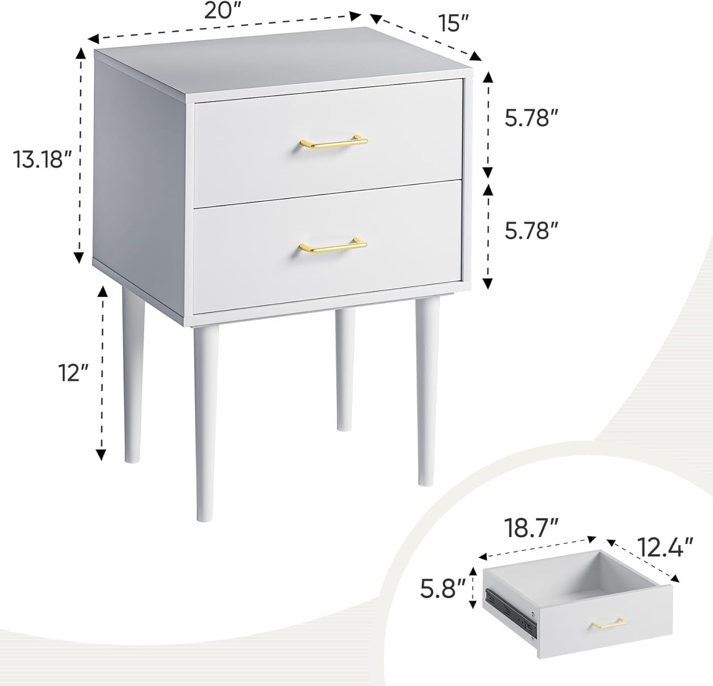 Smart FENDE 26 inch Tall White Nightstand with 2 Drawers, Modern Night Stand Set of 2, Mid-Century Modern End Table, Wooden Bedside Table with Solid Wood Leg for Bedroom