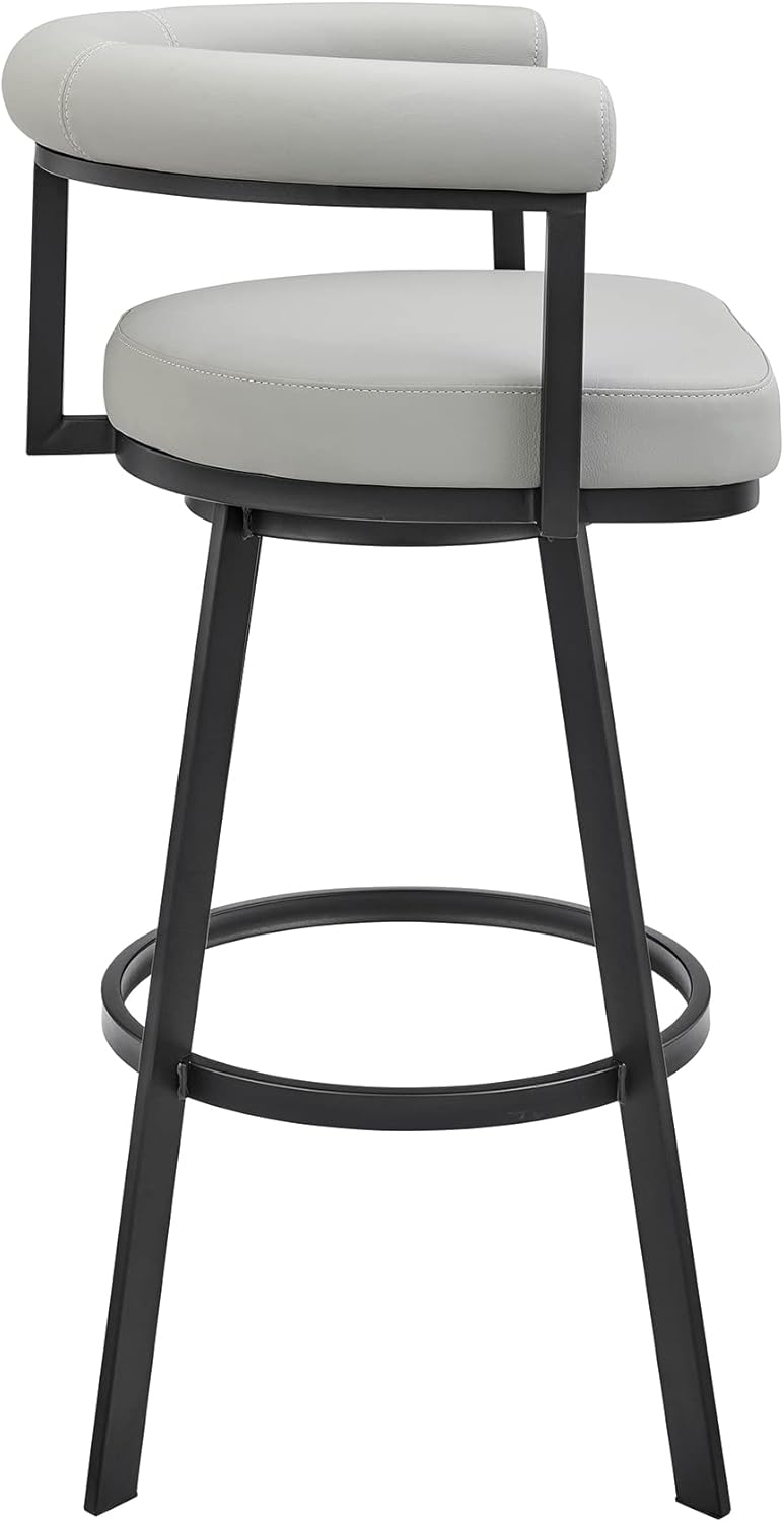 Armen Living Magnolia Swivel Bar Stool in Black Metal with Light Grey Faux Leather