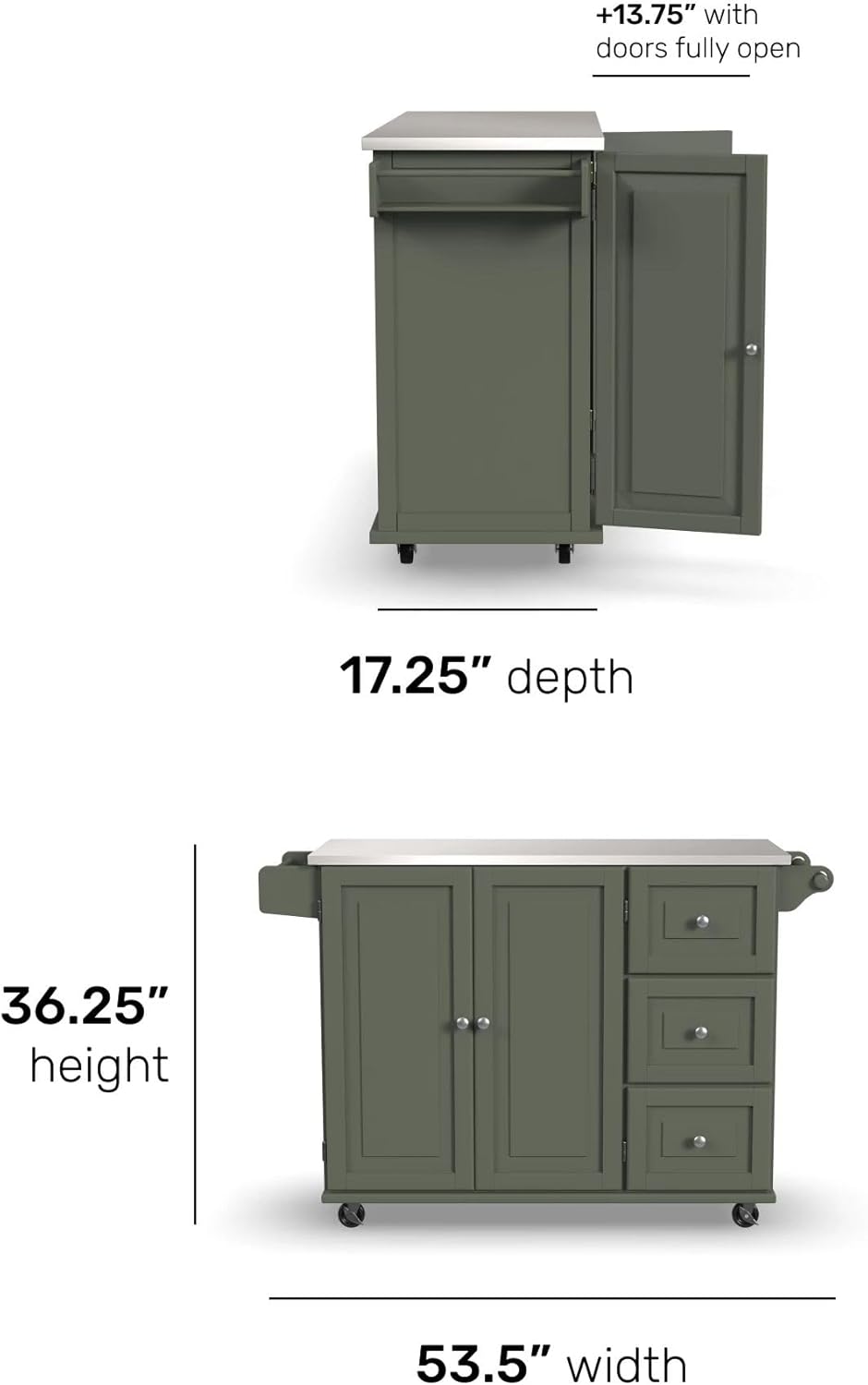 homestyles Mobile Kitchen Island Cart with Stainless Steel Top, Sage Green