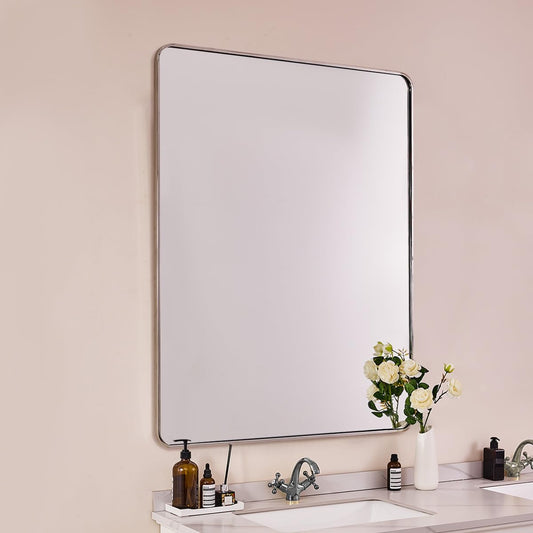 ANDY STAR 30x48 Inch Brushed Nickel Bathroom Mirror, Rounded Corner Brushed Silver Mirror, SUS304-Anti-Rust Metal Tube Frame Wall Mounted Horizontal/Vertical 1’’ Deep